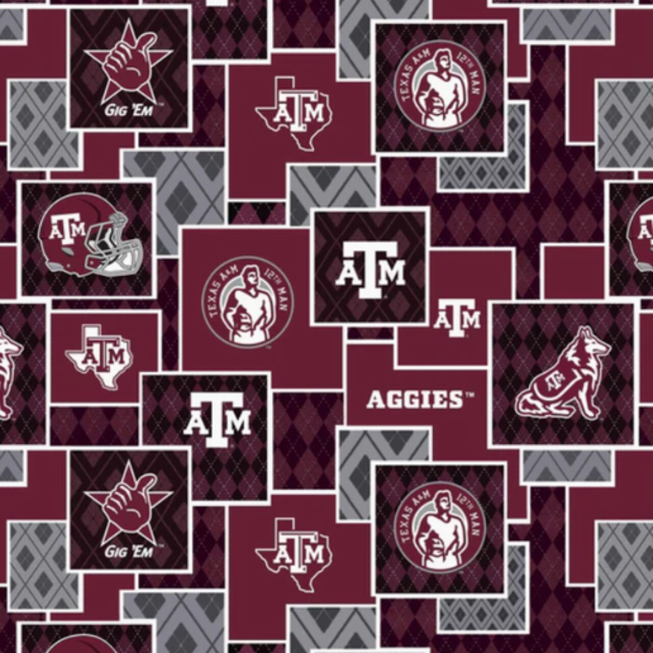 Licensed NCAA Texas A&M University Argyle Boxes Cotton Fabric by the Yard